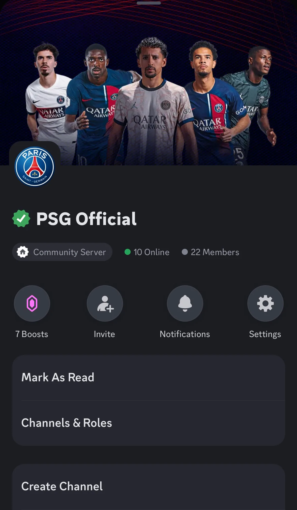 Paris Saint-Germain official Discord server on launch day, with 22 members
