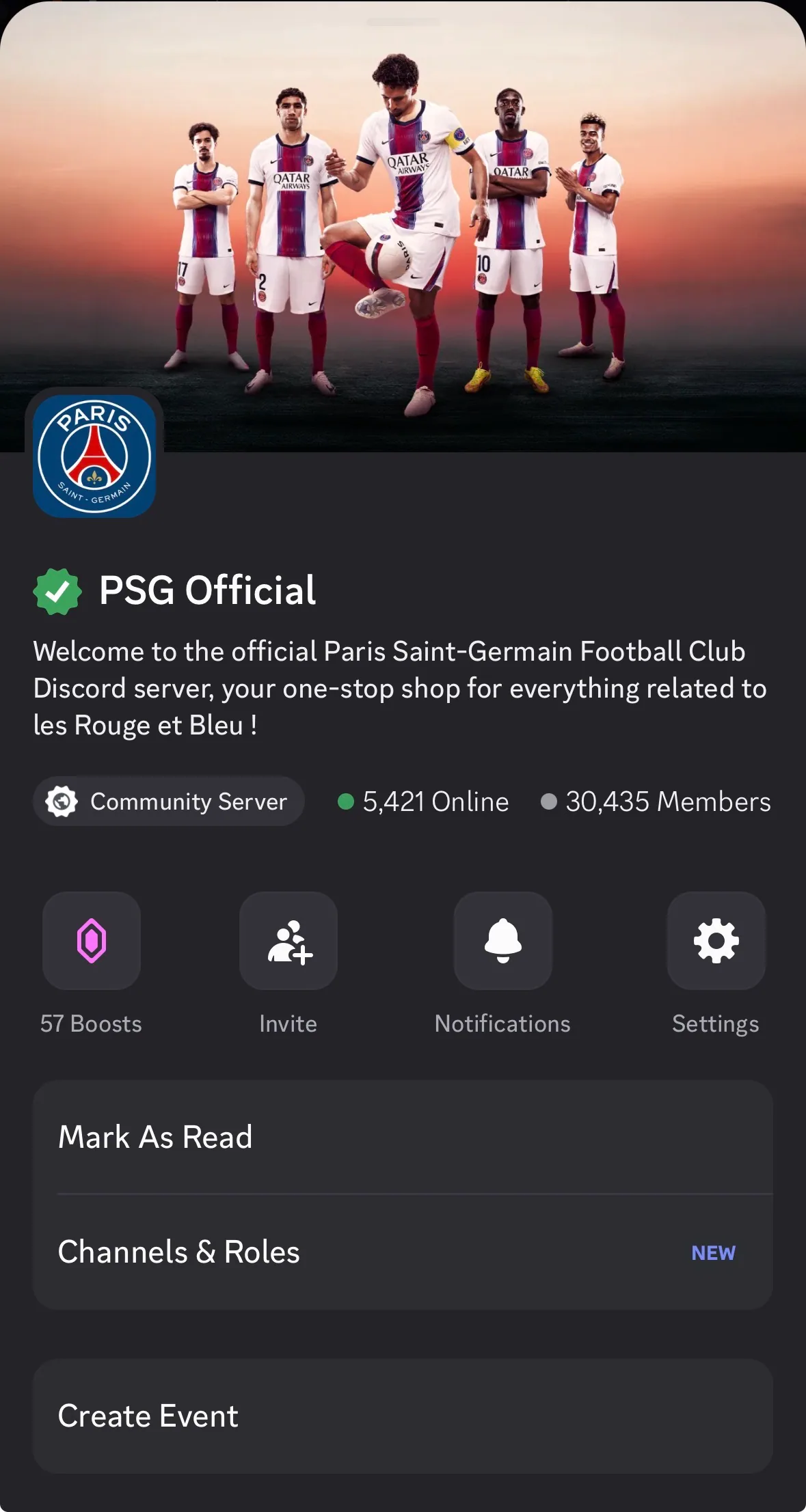 Paris Saint-Germain official Discord server today: 30,435 members, 5,421 online