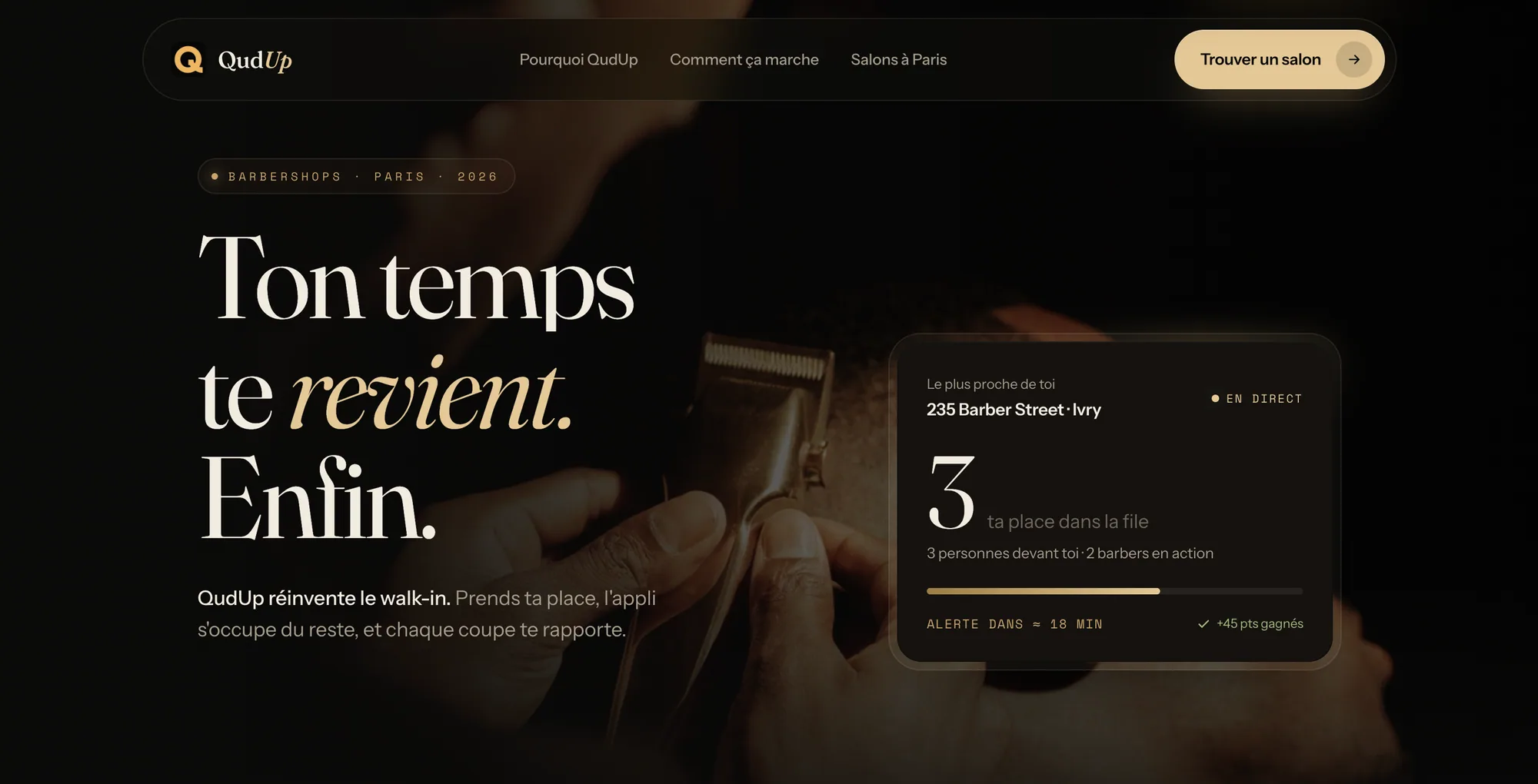 QudUp website hero with a live queue card showing position 3 in line
